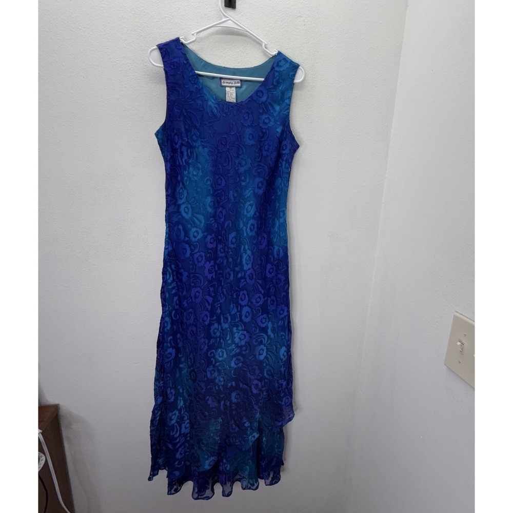 Simply Silk Blend Maxi Dress Womens XL Burnout Fairy 90s Y2K Floral Blue Resort